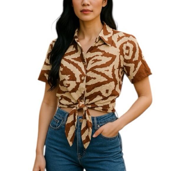 Rachel Zoe Linen Blend Khaki Animal Print Tie Crop Tie Front Blouse Size Small - Picture 1 of 15